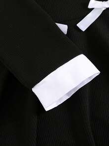 SHEIN Young Girls Bowknot A-Line Dress With 2 In 1 Shirt Collar, Suitable For Casual Outings And School - Black - View 6