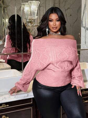 NU&NOW Plus Size Women Solid Color Off-Shoulder Cable Knit Pullover Sweater