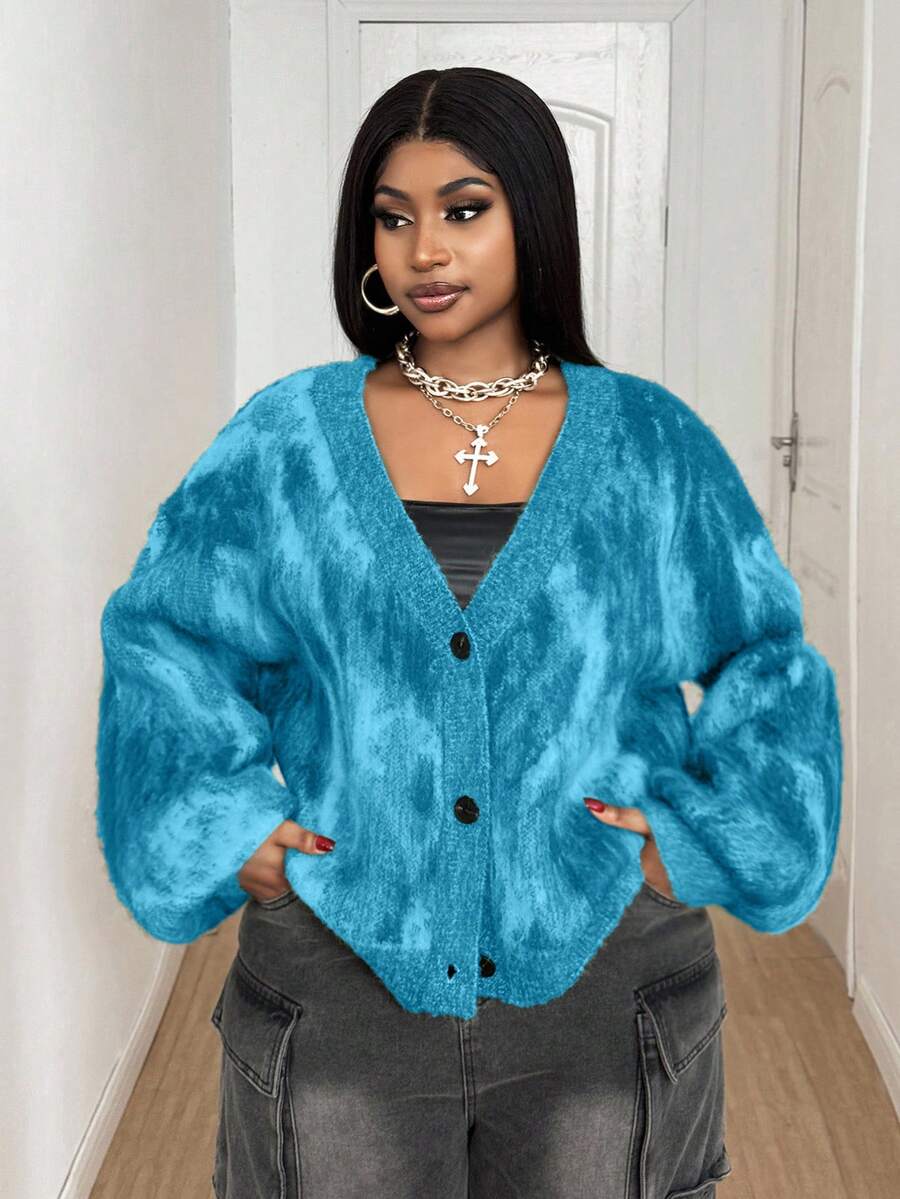 Maweii 大码扎染时尚长袖开衫 - 藍色 - 查看 1