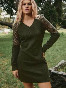 Freevana 女士休闲撞色蕾丝插肩袖连衣裙，秋季绿色连衣裙，波西米亚风女装，哥特乡村西部风 - 軍綠色 - 查看 3