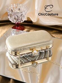 Ellevyn Vielseitige und modische Miniklutsche in Tränenform mit Perle, exquisite Abendtasche, luxuriöse Kristall-Formaltasche im Retro-Stil, geeignet für Hochzeit, Cocktail, Ball, Weihnachtsfeier, mit Kette - Gold - Übersicht 5