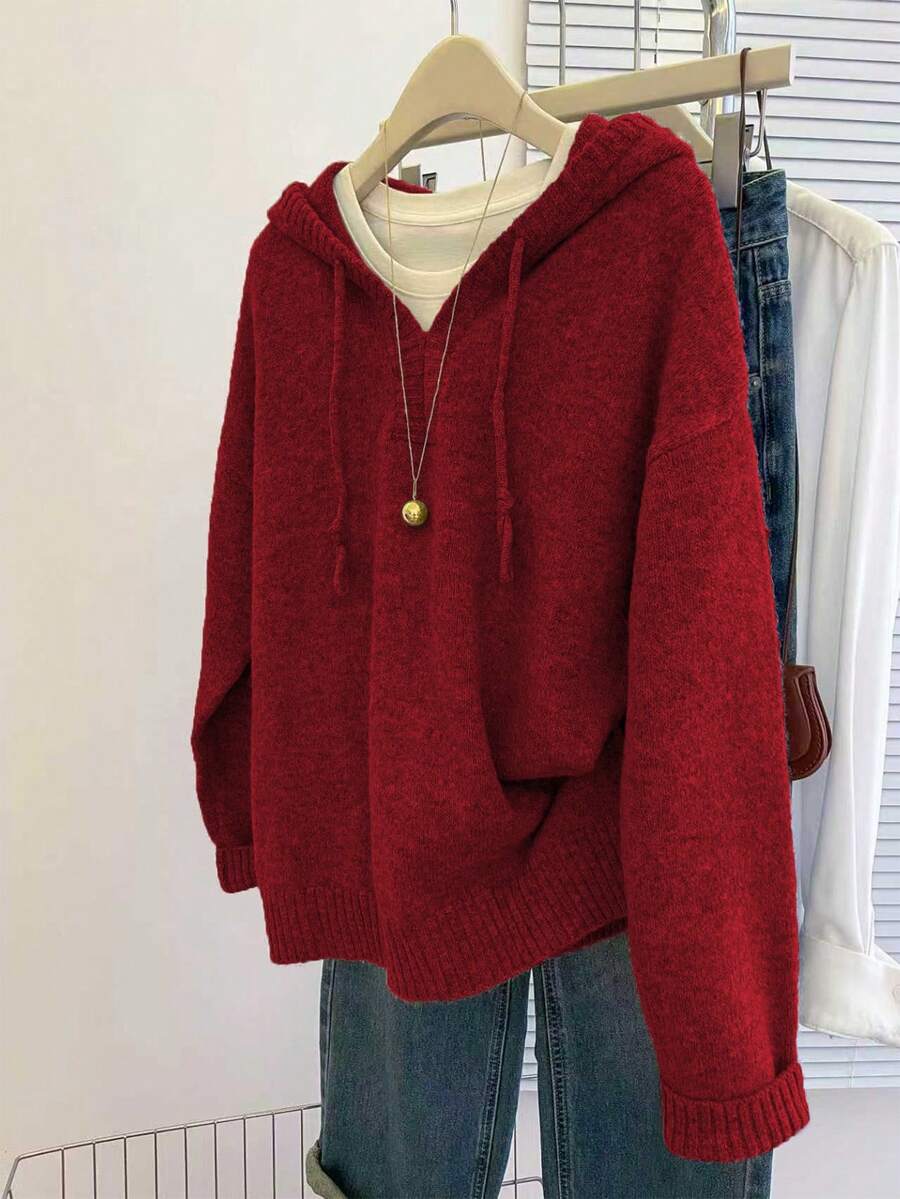 SHEIN LUNE 女士休闲宽松连帽长袖基础款灰色针织套头毛衣,秋冬季 - 紅色 - 查看 1