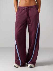 MISSGUIDED Quần thể thao ống rộng kẻ sọc tương phản dành cho nữ, quần thể thao dây rút thoải mái, dáng rộng, phong cách Palazzo - màu nâu - Xem 1