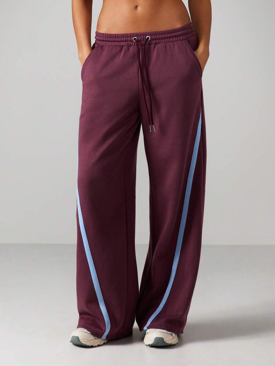 MISSGUIDED Quần thể thao ống rộng kẻ sọc tương phản dành cho nữ, quần thể thao dây rút thoải mái, dáng rộng, phong cách Palazzo - màu nâu - Xem 1