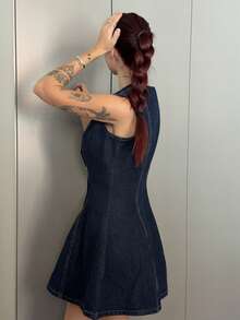 Abrilcols Women's Denim Sleeveless Mini Bodycon Dress, Blue Women Denim Dress Button Dress Denim Fit And Flare Dress - Dark Wash - View 2