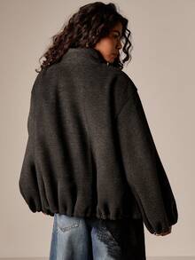 AiiRZ Chaqueta de cuello de embudo con aspecto de lana, con detalle de bajo abombado y cierre de cremallera para otoño e invierno - Gris Oscuro - Ver 2
