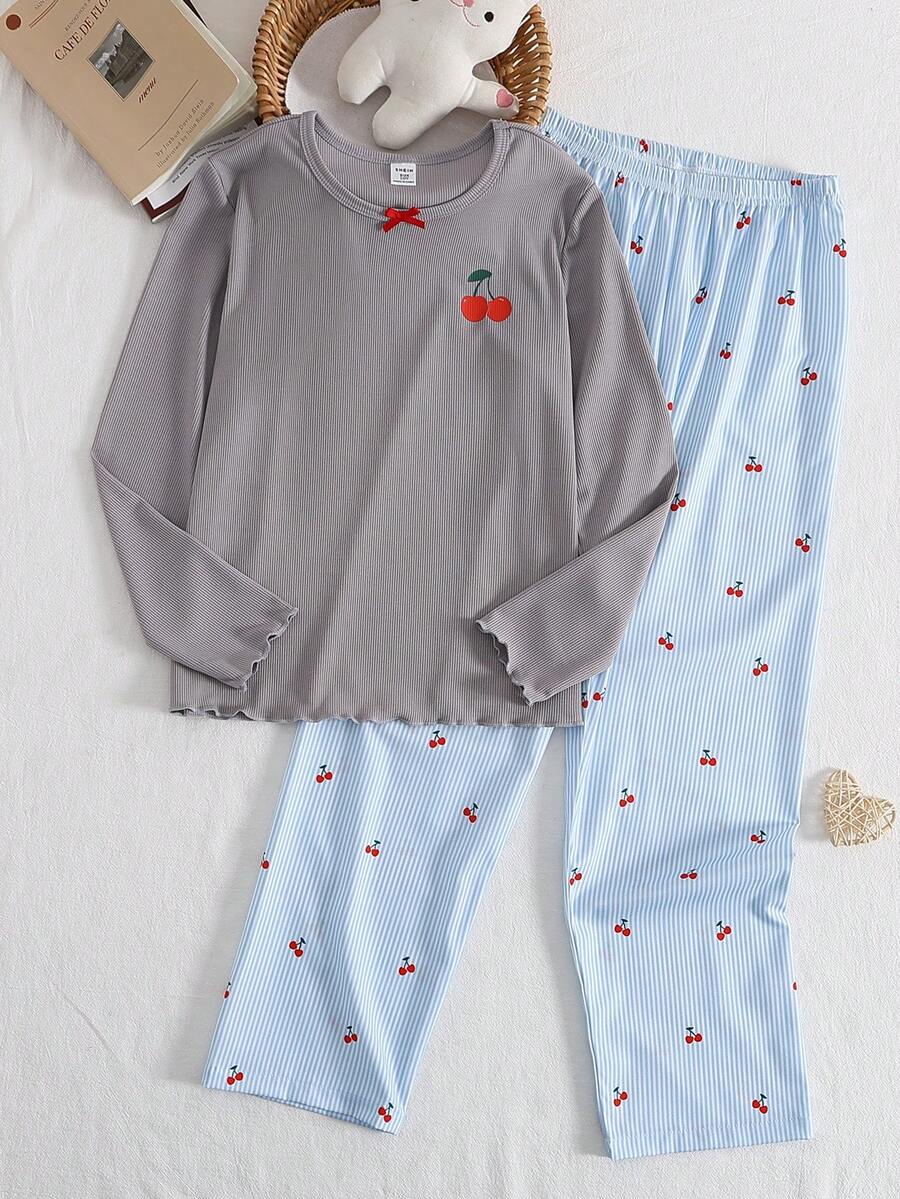 女童蓝灰色樱桃印花长袖上衣和罗纹休闲裤家居服套装 - 彩色 - 查看 1