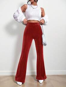 SHEIN Clasi Quần ống loe cạp chun màu trơn vải nhung kẻ thanh lịch công sở - Đỏ - Xem 4