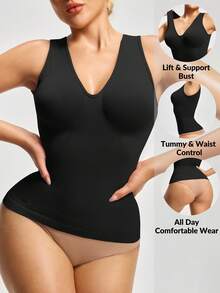 SHAPORA 女士纯色V领无袖休闲修身上衣 - 黑色 - 查看 1