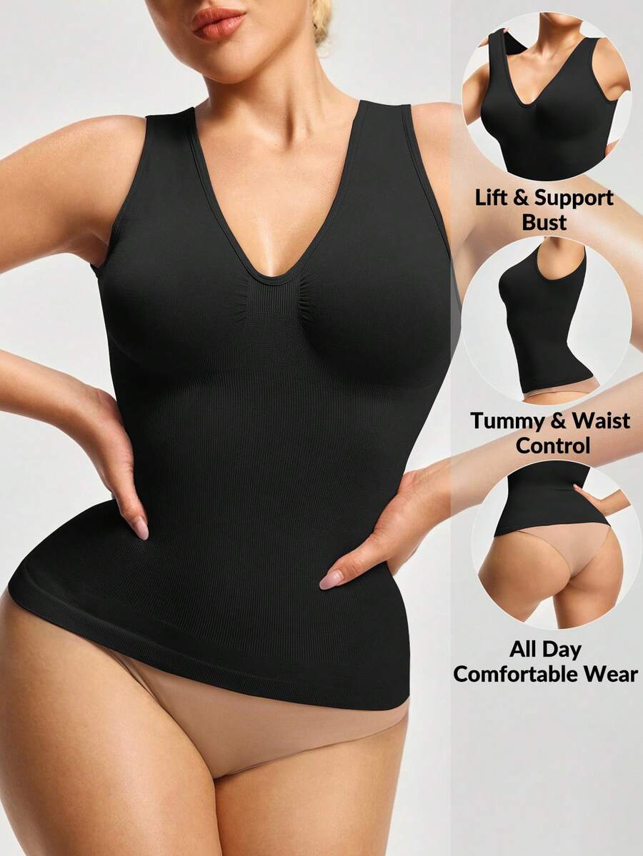 SHAPORA 女士纯色V领无袖休闲修身上衣 - 黑色 - 查看 1