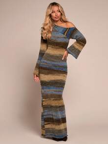 Glamine 女士休闲撞色不对称肩部喇叭袖针织连衣裙，秋冬款 - 彩色 - 查看 6