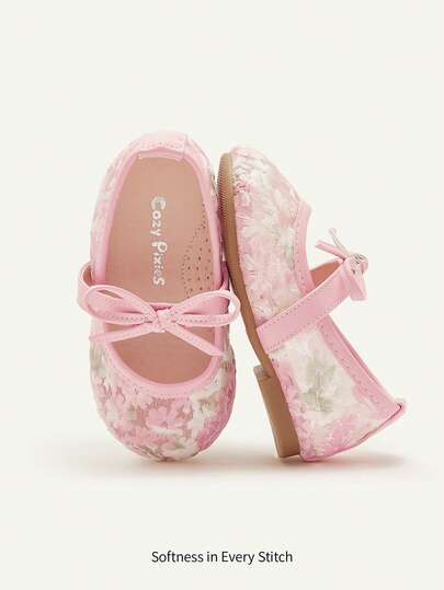Cozy Pixies 1 Pair Spring/Summer Lace Cute Floral Mesh Bow Decor Flat Princess Shoes For Girls, Suitable For Wedding, Party, Gathering