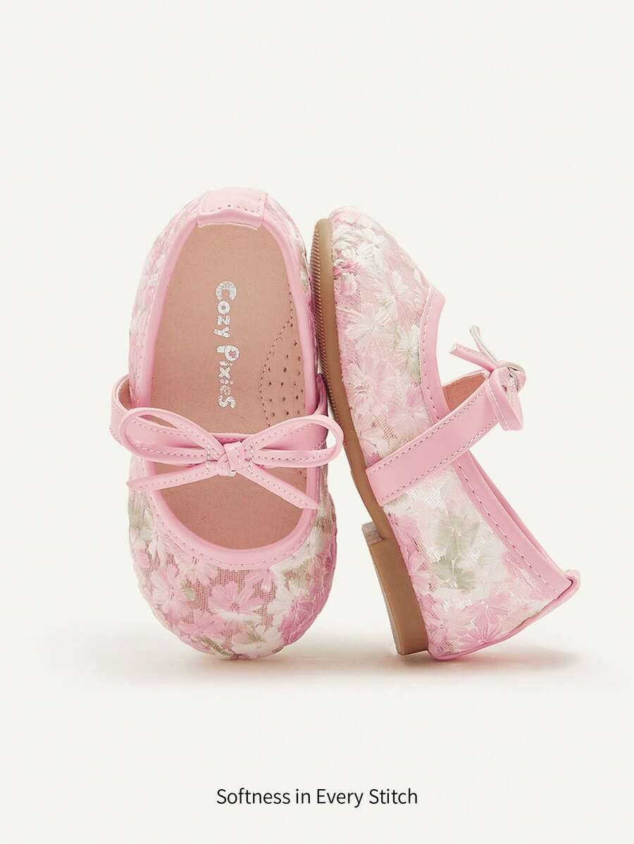 Cozy Pixies 1 Pair Spring/Summer Lace Cute Floral Mesh Bow Decor Flat Princess Shoes For Girls, Suitable For Wedding, Party, Gathering - Pink - View 1