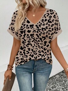 EMERY ROSE Camiseta casual de mujer con cuello en V y estampado de leopardo, primavera/verano - Multicolor - Ver 3