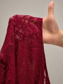 SHEIN Women's Sexy Romantic Sheer Lace V-Neck Long Sleeve Bustier Crop Top & Shorts Pajama Set - Burgundy - View 6