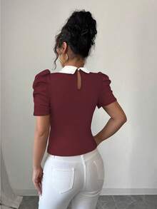 Elenzga Áo thun nữ dáng ôm cổ đính hạt đen trắng tương phản thanh lịch mặc hàng ngày - Màu Đỏ Sâu - Xem 2