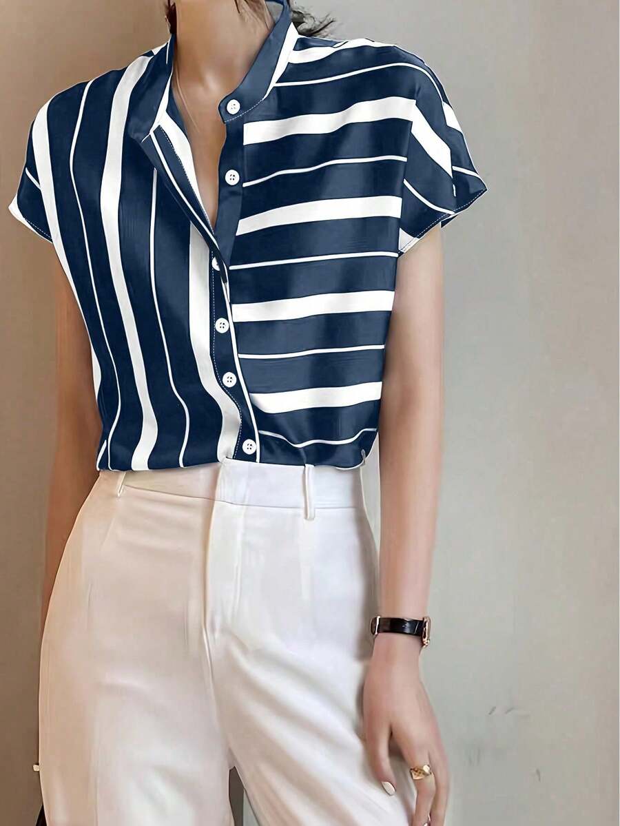 EMERY ROSE Women's Striped Printed Simple Short Sleeve Shirt For Daily Wear - Navy Blue - View 1