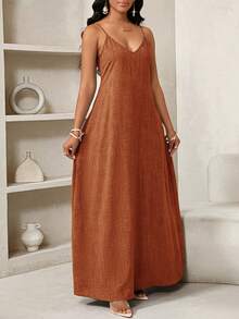 SHEIN Lady Rust Boho Holiday Vacation Summer Holiday Maxi Dress,Linen Backless Loose Strapless Halter Top Birthday&Event Beach Sun Dress With Pockets - Rust Brown - View 5