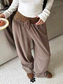 Muchica Women's Brown Striped Knit Casual Loose Sweatpants For Going Out Outfits, Back To School, Streetwear, Stripe Pants, Women Wide Leg Pants - Brown - View 3