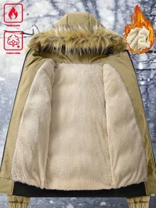 Manfinity Homme 男士冬季卡其色連帽毛領加厚保暖內裡棉襖，商務休閒外套，適合約會、戶外，老錢風禮物 - 卡其色 - 查看 6