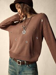SoleilVie 女士经典优雅法式棕色毛衣 女士毛衣 女士套头衫 女士棕色上衣 女士冬季服装 女士毛衣 - 咖啡棕 - 查看 4