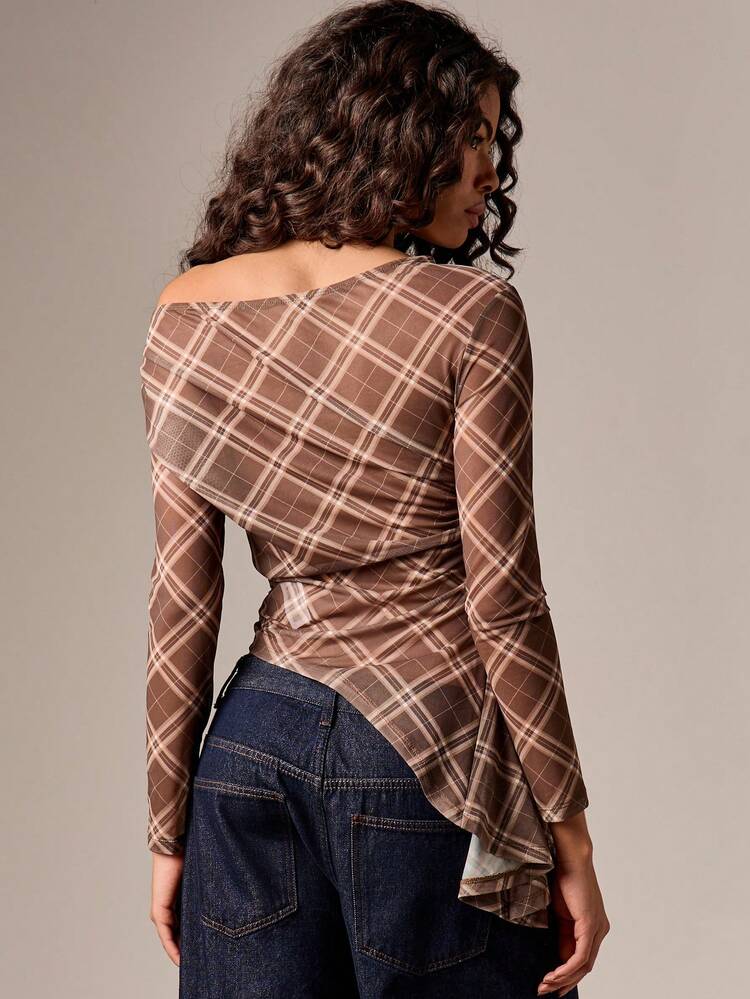 Off Shoulder Plaid Peplum Blouse With Tie Detail