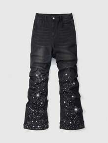 ROMWE MEN Men's High Waist Fashionable Rhinestone Embellished Casual Jeans - Black - View 1