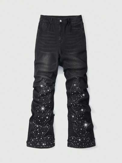 Men's High Waist Fashionable Rhinestone Embellished Casual Jeans