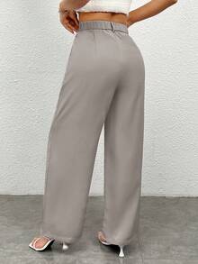SHEIN PETITE Women Casual Solid Color Straight-Leg Pants - Light Grey - View 2