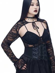 Coolane Vestido negro de manga larga con encaje de contraste, estilo gótico, Y2K, para salir, rave, feria del renacimiento, club, fiesta y vintage, para mujer, apto para todas las estaciones - Negro - Ver 1
