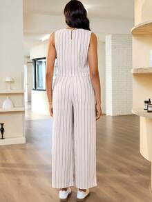 MaterniWear 2 pièces Ensemble casual de débardeur à col rond rayé et pantalon à taille ajustable pour femme enceinte - Nude - Voir 2