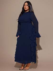 SHEIN BAE Váy maxi tay loe xếp nếp bằng vải chiffon dài màu nâu cỡ lớn dành cho nữ - Màu xanh hải quân - Xem 5