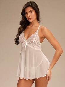 Enchnt Set de 2 vestidos de línea A con espalda descubierta, de tela de encaje y malla, en color vino tinto, con diseño sexy - Blanco - Ver 7