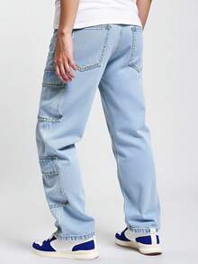 SHEIN Explorewe Quần jeans ống đứng dáng rộng màu vàng nhạt thời trang mới dành cho bé trai, quần denim ống rộng thoải mái, phong cách đường phố, đa năng, phù hợp với mọi mùa - Rửa nhẹ - Xem 4