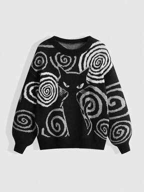 Kawaii Women's Casual Pullover Sweater With Cat Swirl Pattern, Versatile Long Sleeve Crew Neck