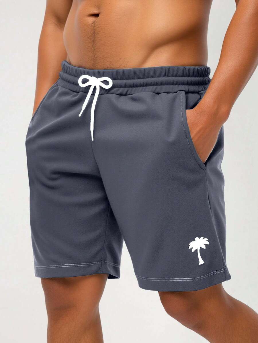 RueChic 100%Cotton Men Coconut Tree Print Drawstring Waist Shorts - Grey - View 1