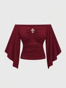 ROMWE J-Fashion Damen Große Größen Lässig einfarbiges plissiertes schlankes Off-Shoulder T-Shirt - Rot - Übersicht 5