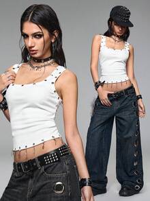 ROMWE Grunge Punk Áo ba lỗ bó sát nữ họa tiết chữ thập kim loại Punk và mặt dây chuyền hình ngôi sao năm cánh - trắng - Xem 1