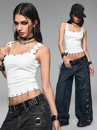 Grunge Punk Punk Metal Ösen Kreuz & Pentagramm Englisch Anhänger eng anliegendes Damen Top