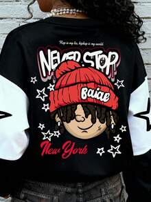 Rovax Phong cách bán chạy, Áo nỉ cổ tròn in họa tiết hoạt hình phong cách hip-hop đường phố sành điệu dành cho nữ, Thích hợp mặc khi mua sắm hàng ngày và mặc khi đến cửa hàng thời trang để check-in và hẹn hò, Phong cách thu đông thời trang và bắt mắt - Nhiều màu - Xem 3