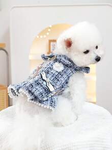 PETSIN 1件宠物香氛蓝色连衣裙，带小背包，秋冬季加厚保暖公主风连衣裙，适合猫狗穿着