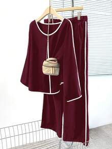 EMERY ROSE Plus Size Women's Contrast Color Trim Long Sleeve 2 Pieces Set,Burgundy Autumn Smart Casual Everyday Comfy Lounge Pajama Two Piece Set Co Ords - Burgundy - View 3