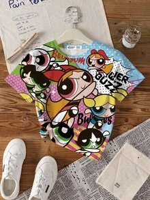 THE POWERPUFF GIRLS X SHEIN 青少年女孩舒适圆领短袖夏季休闲卡通可爱街头花朵泡泡毛茛图案 T 恤 - 白色 - 查看 5