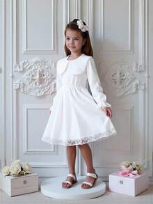 Elladie kids 女童碎花蕾丝领长袖连衣裙，可爱甜美的乡村风格，适合春秋季穿着，适合外出、上学、家庭聚会和玩耍。 - 白色 - 查看 8