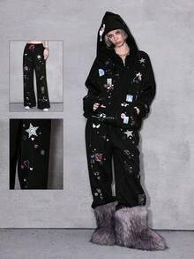 ROMWE Avant Y2K Baddie Punk Girl Bow, Pixel Star, Moon, Heart, Swirl, Rose Print Drawstring Loose Fit Sweatpants With Rhinestones - Black - View 1