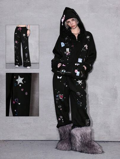 ROMWE Avant Y2K Baddie Punk Girl Bow, Pixel Star, Moon, Heart, Swirl, Rose Print Drawstring Loose Fit Sweatpants With Rhinestones