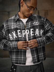 AXEPEAK Casual Street Hip Hop English Print Loose Short Long Sleeve Men Shirt - Black and White - View 1