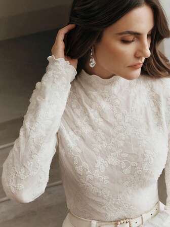 Anewsta Camicetta bianca a maniche lunghe con colletto alla coreana, aderente e arricciata, con pizzo