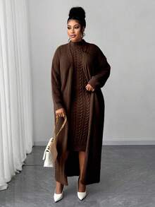 Maweii Plus Size Women Solid Color Cable Knit Elegant Dress Cardigan Two Pieces Set - Coffee Brown - View 6
