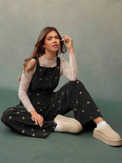 WESTFADE Floral Embroidered Corduroy Relaxed Wide Leg Overalls Fall, Autumn, Winter, Boho Outfit, Casual Western Wear For Women, Cute Country Concert Outfit, Halloween